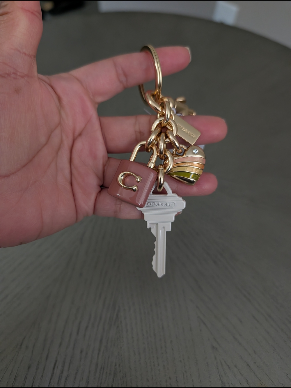 Coach Gold-Tone Keyring with Pink Enamel C Cube and Heart Charm